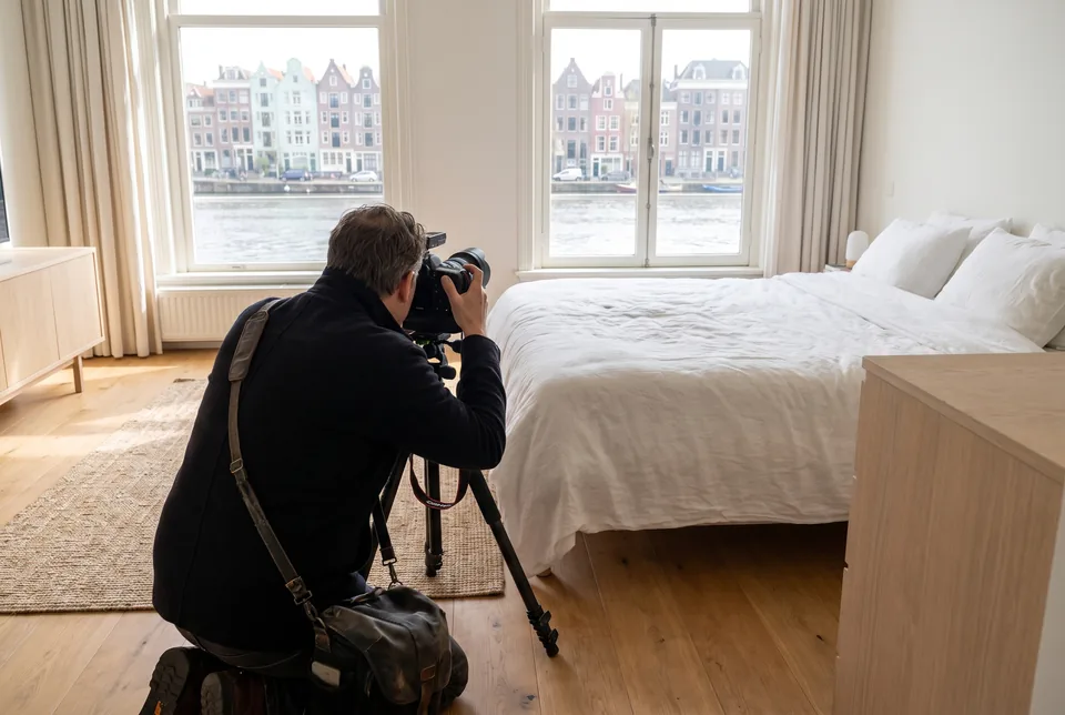 Fotograf ze statywem fotografuje apartament na wynajem z widokiem na kamienice nad wodą