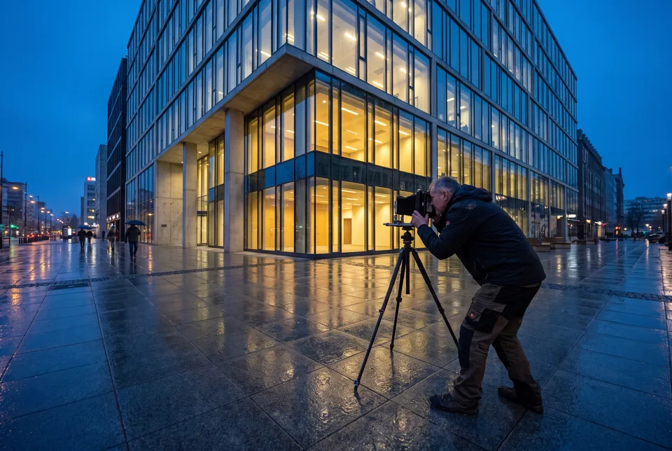Fotograf architektury ze statywem fotografuje elewację nowego biurowca o niebieskiej godzinie