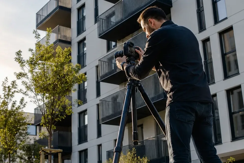 Fotograf ze statywem przed nowym budynkiem mieszkalnym z balkonami na warszawskim osiedlu