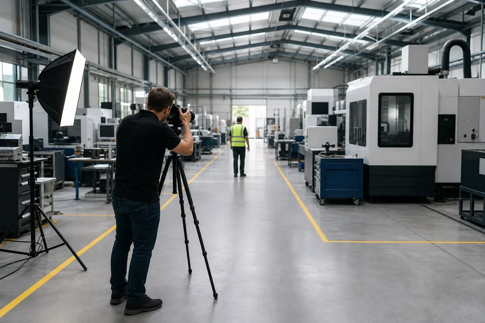 Fotograf ze statywem i lampą LED fotografuje halę produkcyjną z maszynami CNC