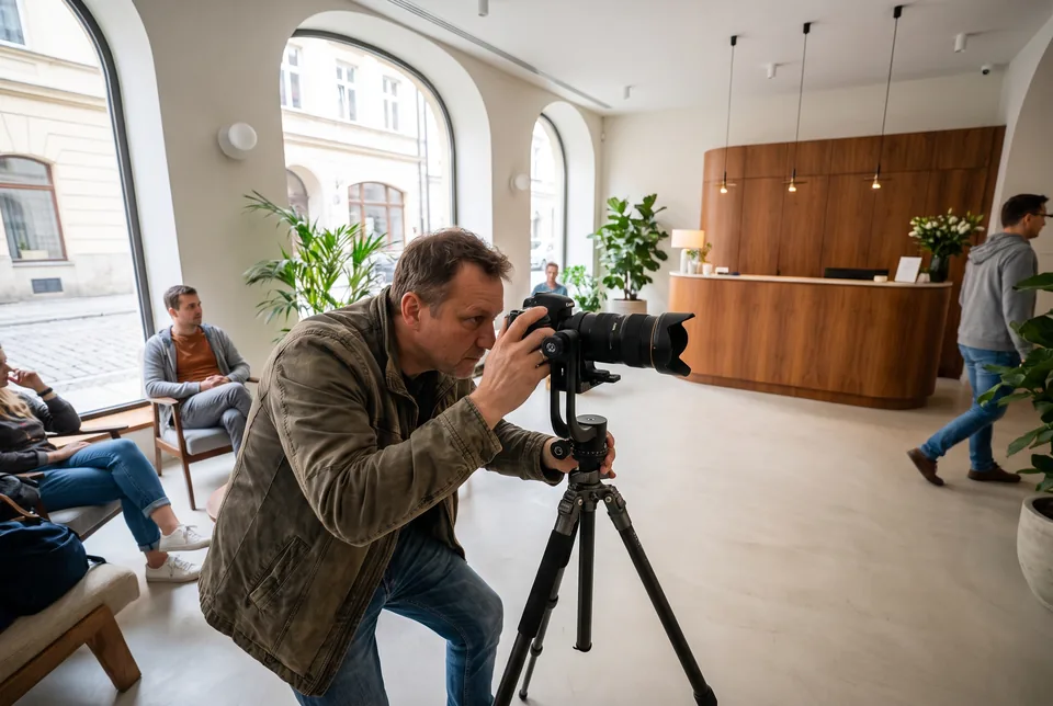 Fotograf ustawia aparat na statywie w holu hotelu przed sesją panoram sferycznych