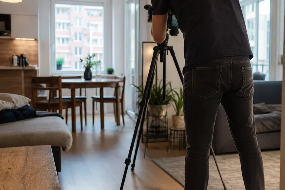 Fotograf ustawia aparat na statywie w jasnym salonie mieszkania z aneksem kuchennym